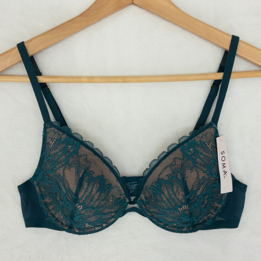 Soma Lightly Lined‎ Lace Plunge Bra Womens 34A Dark Harbour Teal Green Overlay